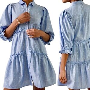 NWT Mi Ami Riley Button Up Swing Tiered Ruffled Chambray Mini Shirt Dress Blue M